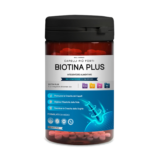 Biotina Plus - Integratori Per Capelli Biotina Crescita Veloce Pelle Unghie Donna Uomo Anticaduta con Zinco Selenio Vitamina B12 Alta Concentrazione 180 Compresse Confezione Smart Made in Italy Bull Burner