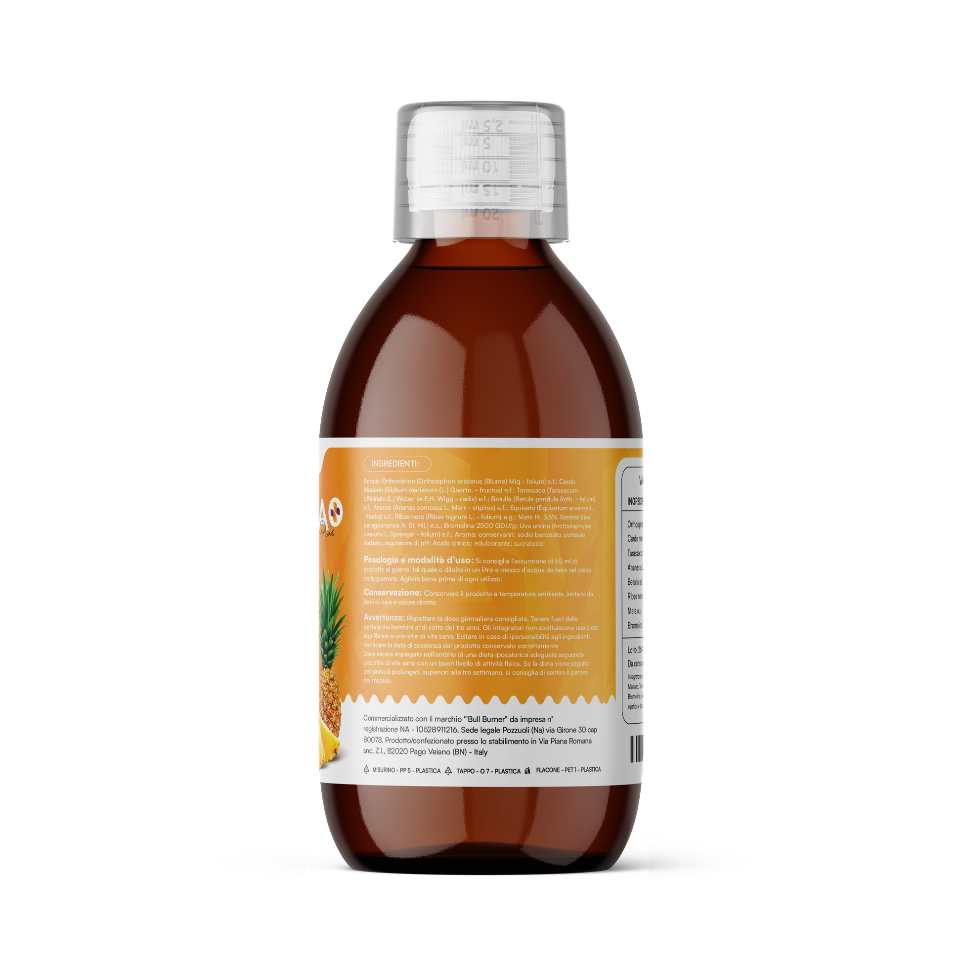 Drenante Forte Dimagrante Donna Brucia Grassi Potenti Veloci Anticellulite Gambe Detox Depurativo Fegato e Intestino Pancia Piatta e Peso Forma Gusto Ananas 500 ml Made in Italy by Bull Burner