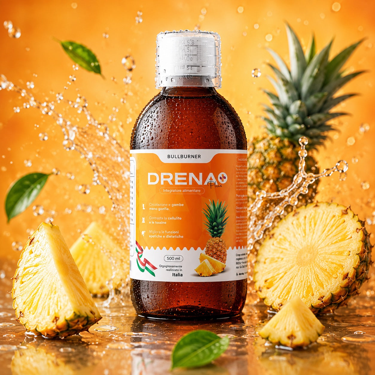 Drenante Forte Dimagrante Donna Brucia Grassi Potenti Veloci Anticellulite Gambe Detox Depurativo Fegato e Intestino Pancia Piatta e Peso Forma Gusto Ananas 500 ml Made in Italy by Bull Burner